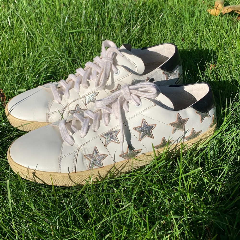 Saint Laurent Paris bright white silver star navy Sneakers Sz 42 1/2 designer